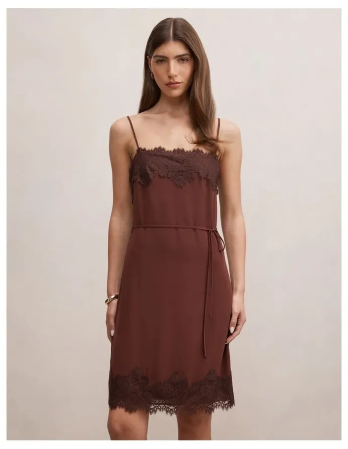 Forever New Wisteria Lace Detail Midi Dress in Brown