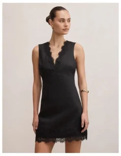 Forever New Zali Lace Linen Mini Dress in Black