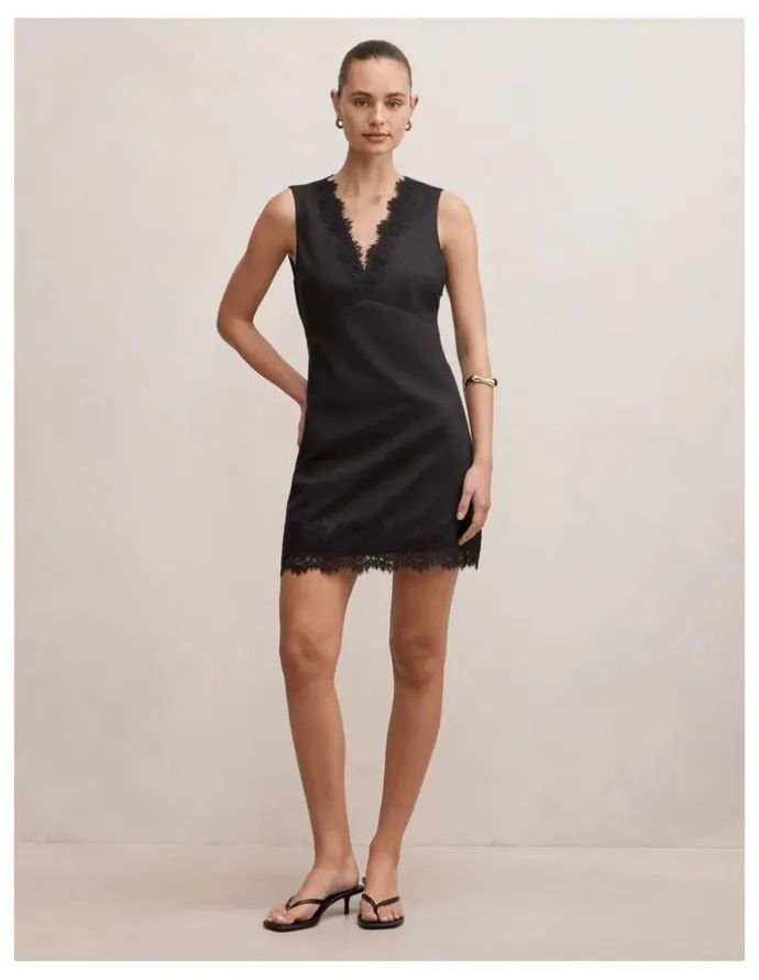 Forever New Zali Lace Linen Mini Dress in Black