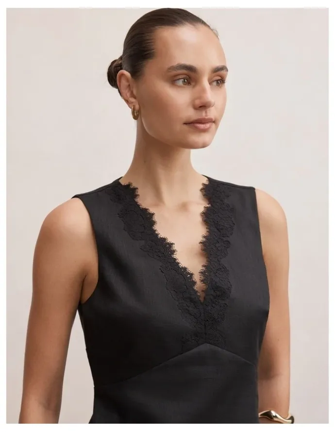 Forever New Zali Lace Linen Mini Dress in Black