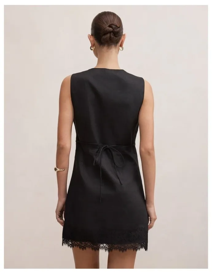 Forever New Zali Lace Linen Mini Dress in Black