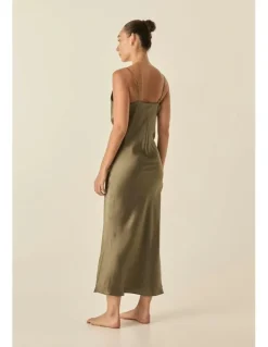Gingerlilly Sleepwear Fern Silky Satin Long Chemise in Olive