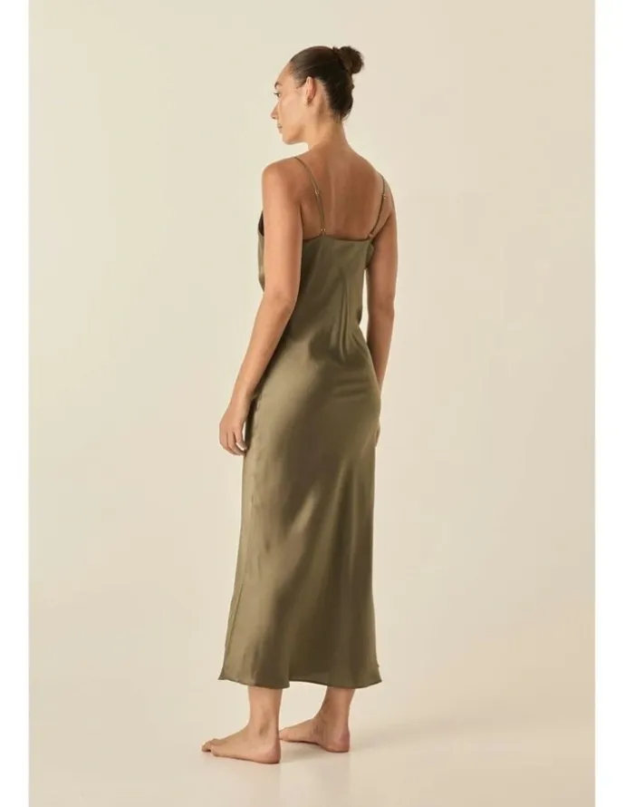 Gingerlilly Sleepwear Fern Silky Satin Long Chemise in Olive