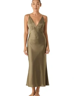 Gingerlilly Sleepwear Fern Silky Satin Long Chemise in Olive
