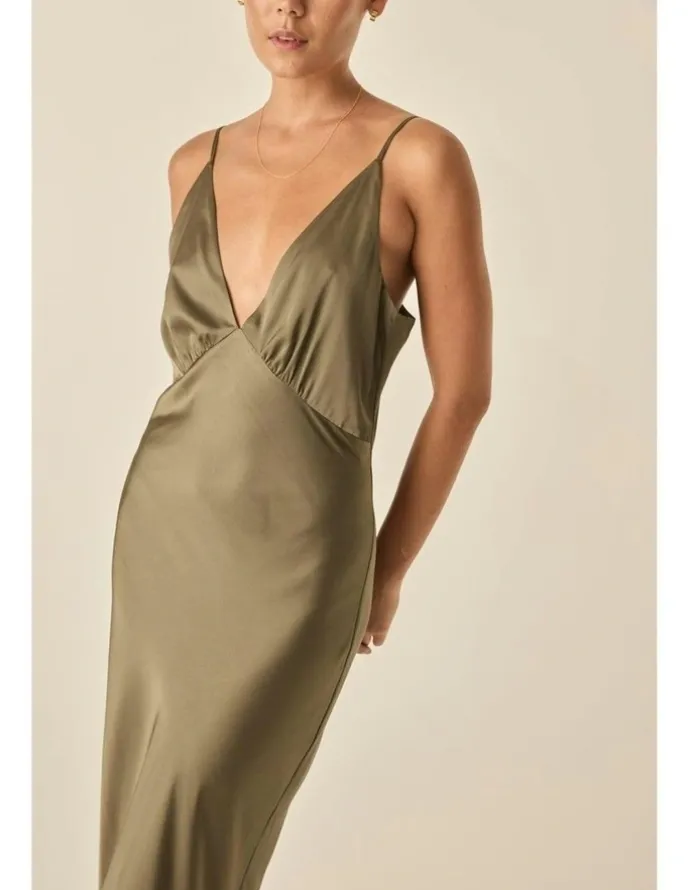 Gingerlilly Sleepwear Fern Silky Satin Long Chemise in Olive
