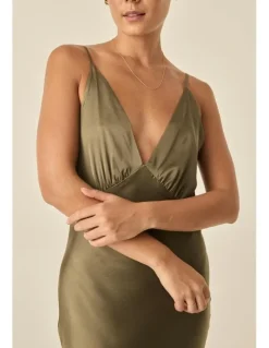 Gingerlilly Sleepwear Fern Silky Satin Long Chemise in Olive
