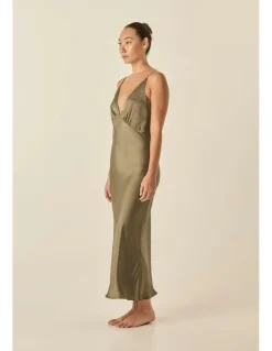 Gingerlilly Sleepwear Fern Silky Satin Long Chemise in Olive
