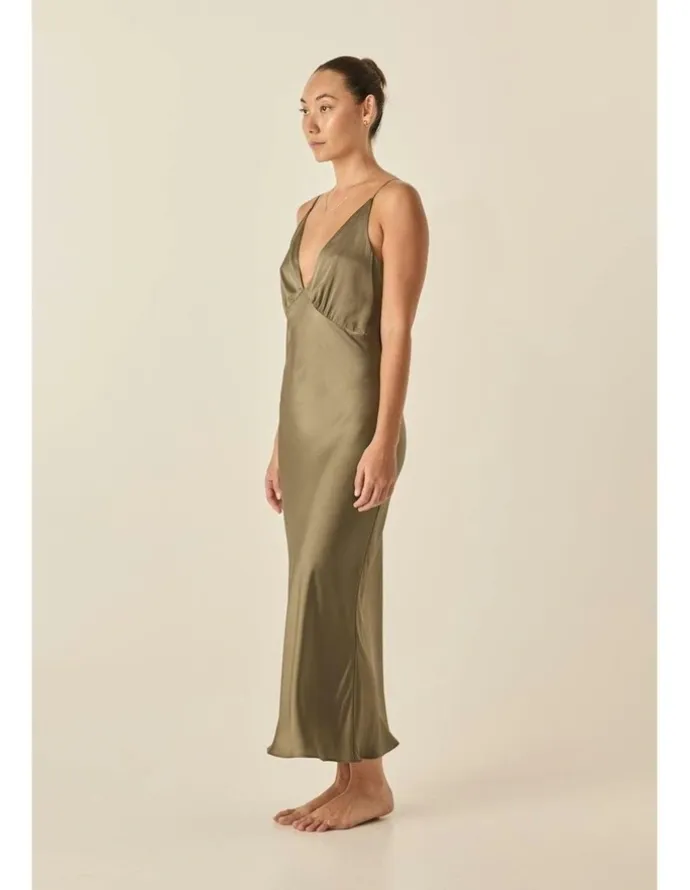 Gingerlilly Sleepwear Fern Silky Satin Long Chemise in Olive