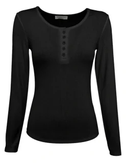 Gingerlilly Sleepwear Lille Ribbed Long Sleeve Henley Top in Black