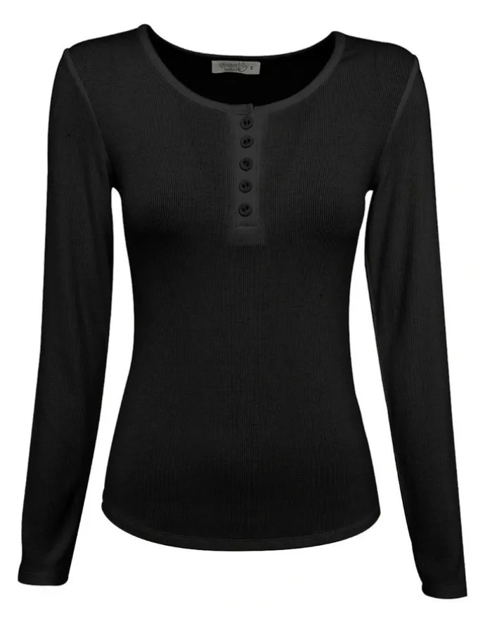 Gingerlilly Sleepwear Lille Ribbed Long Sleeve Henley Top in Black
