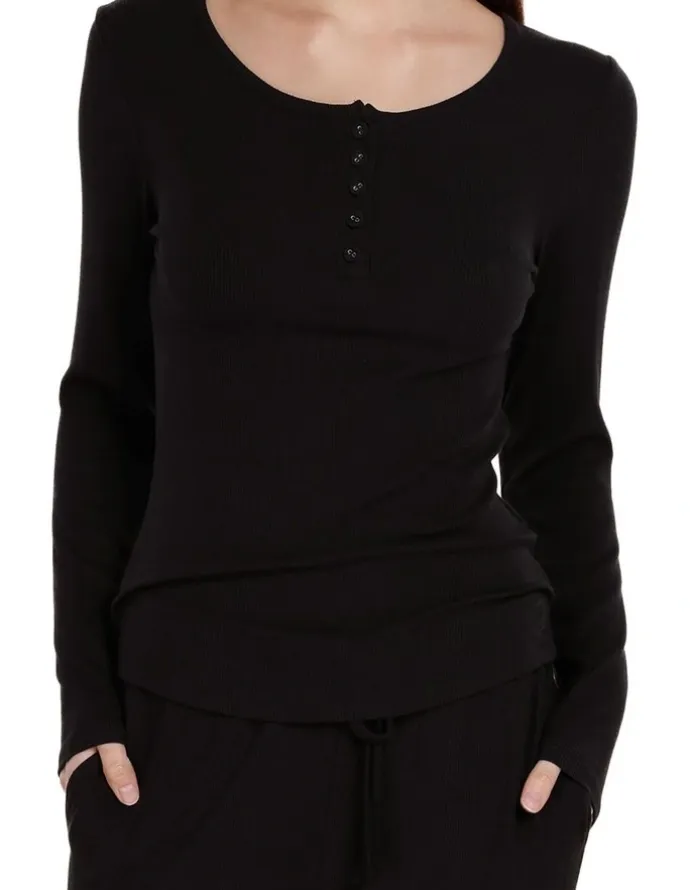 Gingerlilly Sleepwear Lille Ribbed Long Sleeve Henley Top in Black