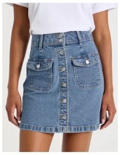 GRAB Button Front A-Line Skirt in Light Indigo