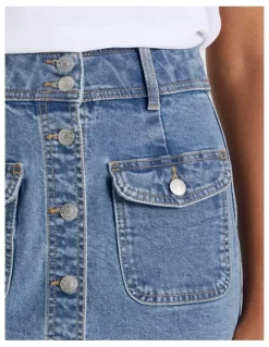 GRAB Button Front A-Line Skirt in Light Indigo