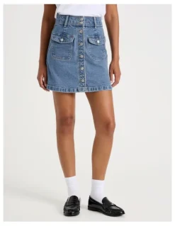 GRAB Button Front A-Line Skirt in Light Indigo