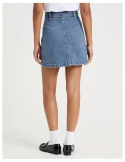 GRAB Button Front A-Line Skirt in Light Indigo