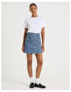 GRAB Button Front A-Line Skirt in Light Indigo