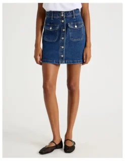 GRAB Button Front A-Line Skirt in Medium Indigo