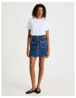 GRAB Button Front A-Line Skirt in Medium Indigo