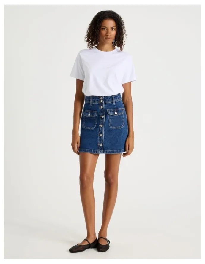 GRAB Button Front A-Line Skirt in Medium Indigo