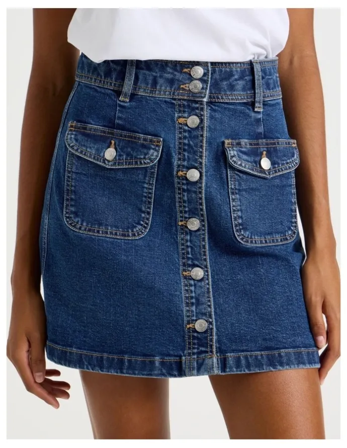 GRAB Button Front A-Line Skirt in Medium Indigo