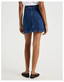 GRAB Button Front A-Line Skirt in Medium Indigo