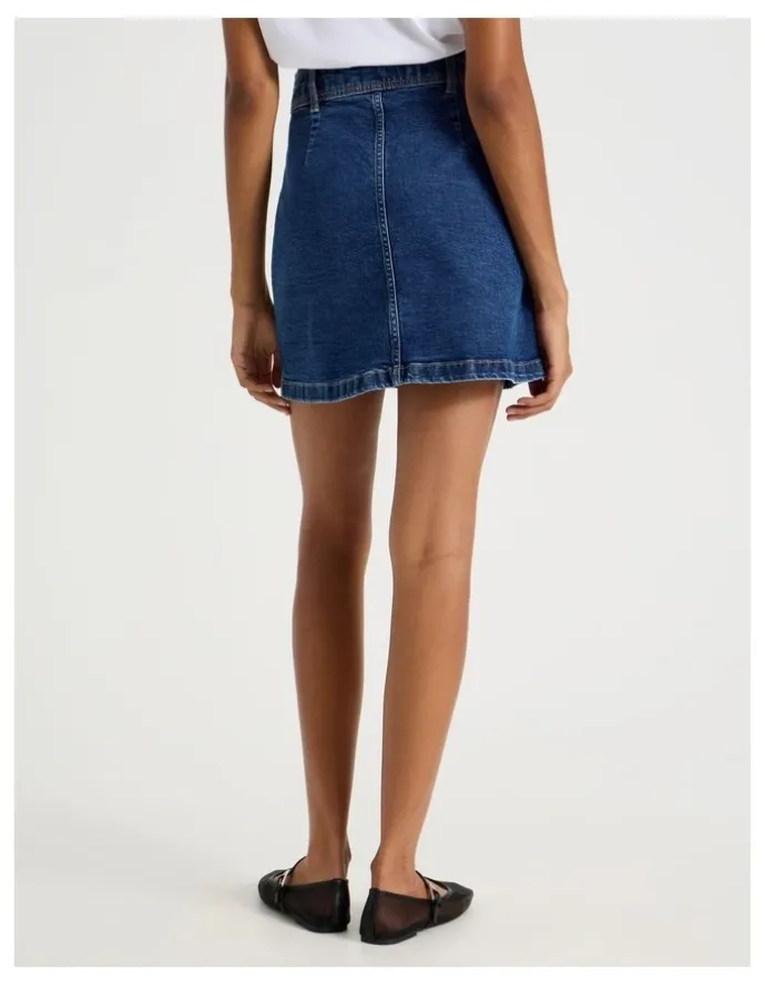 GRAB Button Front A-Line Skirt in Medium Indigo
