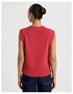 Grab Cotton Sleeveless V Neck Knit Top in Red