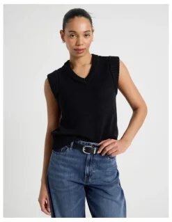 Grab Cotton Sleeveless V Neck Knit Top in Black