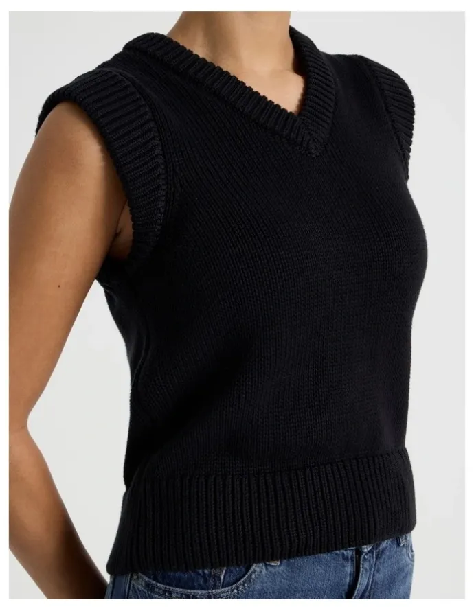 Grab Cotton Sleeveless V Neck Knit Top in Black