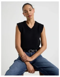 Grab Cotton Sleeveless V Neck Knit Top in Black