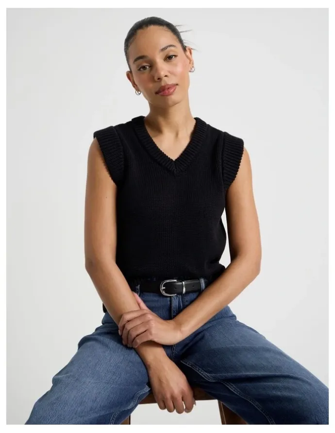 Grab Cotton Sleeveless V Neck Knit Top in Black