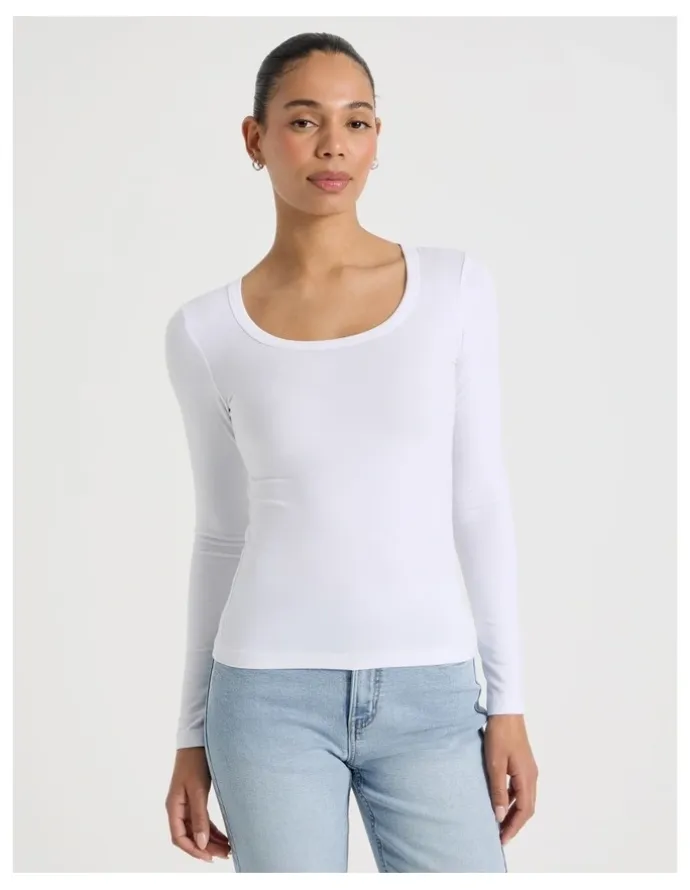 GRAB Long Sleeve Scoop Neck Tee in White