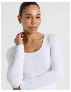 GRAB Long Sleeve Scoop Neck Tee in White