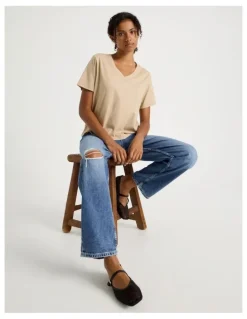 GRAB Relaxed Fit V Neck Tee in Oat