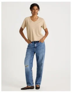 GRAB Relaxed Fit V Neck Tee in Oat