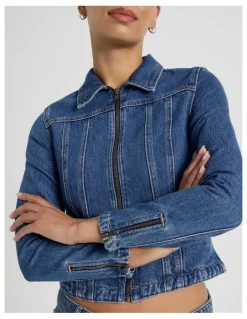 Grab Shrunken Zip Through Denim Jacket in Denim