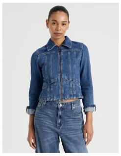 Grab Shrunken Zip Through Denim Jacket in Denim