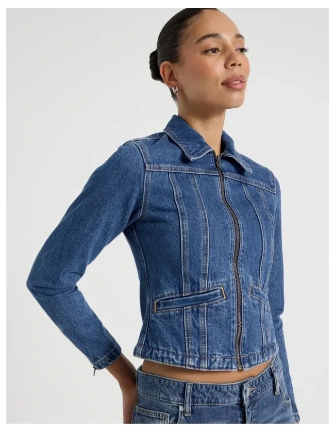 Grab Shrunken Zip Through Denim Jacket in Denim