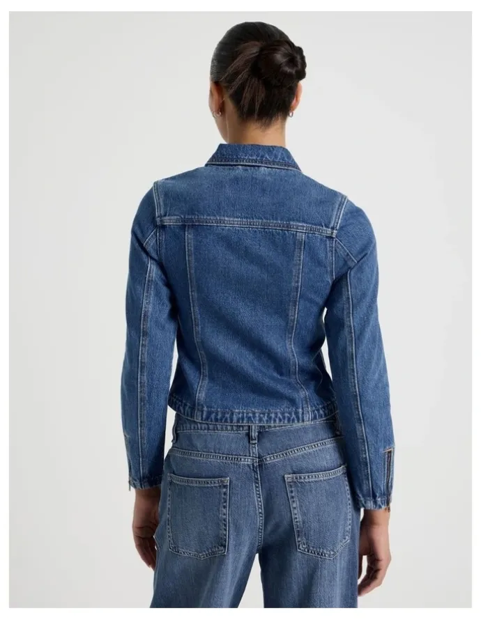 Grab Shrunken Zip Through Denim Jacket in Denim