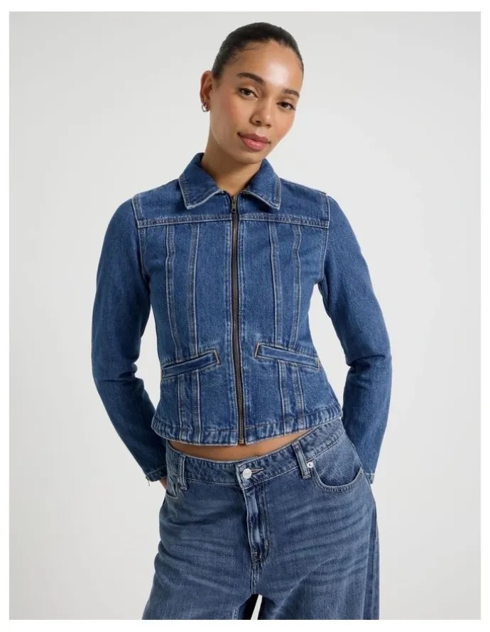 Grab Shrunken Zip Through Denim Jacket in Denim