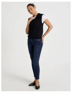GRAB Skinny Mid Rise Jean With Short Inseam in Medium Indigo