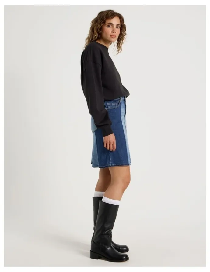 Grab Spliced Knee Length Skirt in Dark Indigo