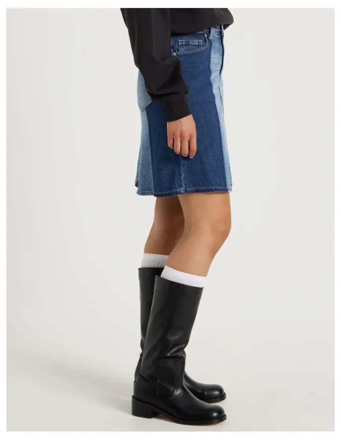 Grab Spliced Knee Length Skirt in Dark Indigo