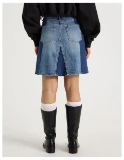 Grab Spliced Knee Length Skirt in Dark Indigo