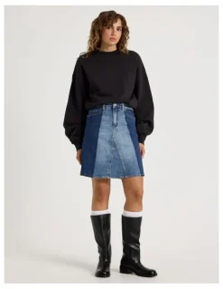 Grab Spliced Knee Length Skirt in Dark Indigo
