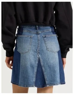 Grab Spliced Knee Length Skirt in Dark Indigo