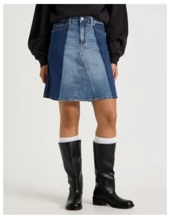 Grab Spliced Knee Length Skirt in Dark Indigo