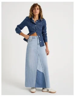 Grab Spliced Maxi Skirt In Mid Indigo