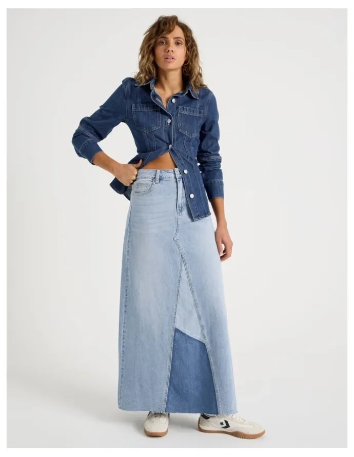 Grab Spliced Maxi Skirt In Mid Indigo