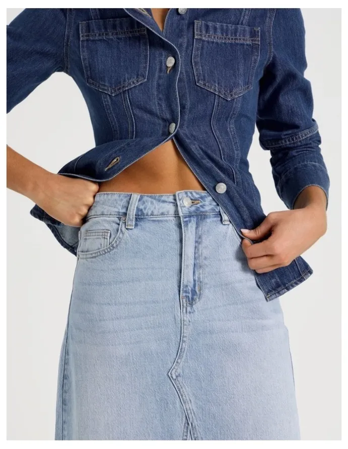 Grab Spliced Maxi Skirt In Mid Indigo